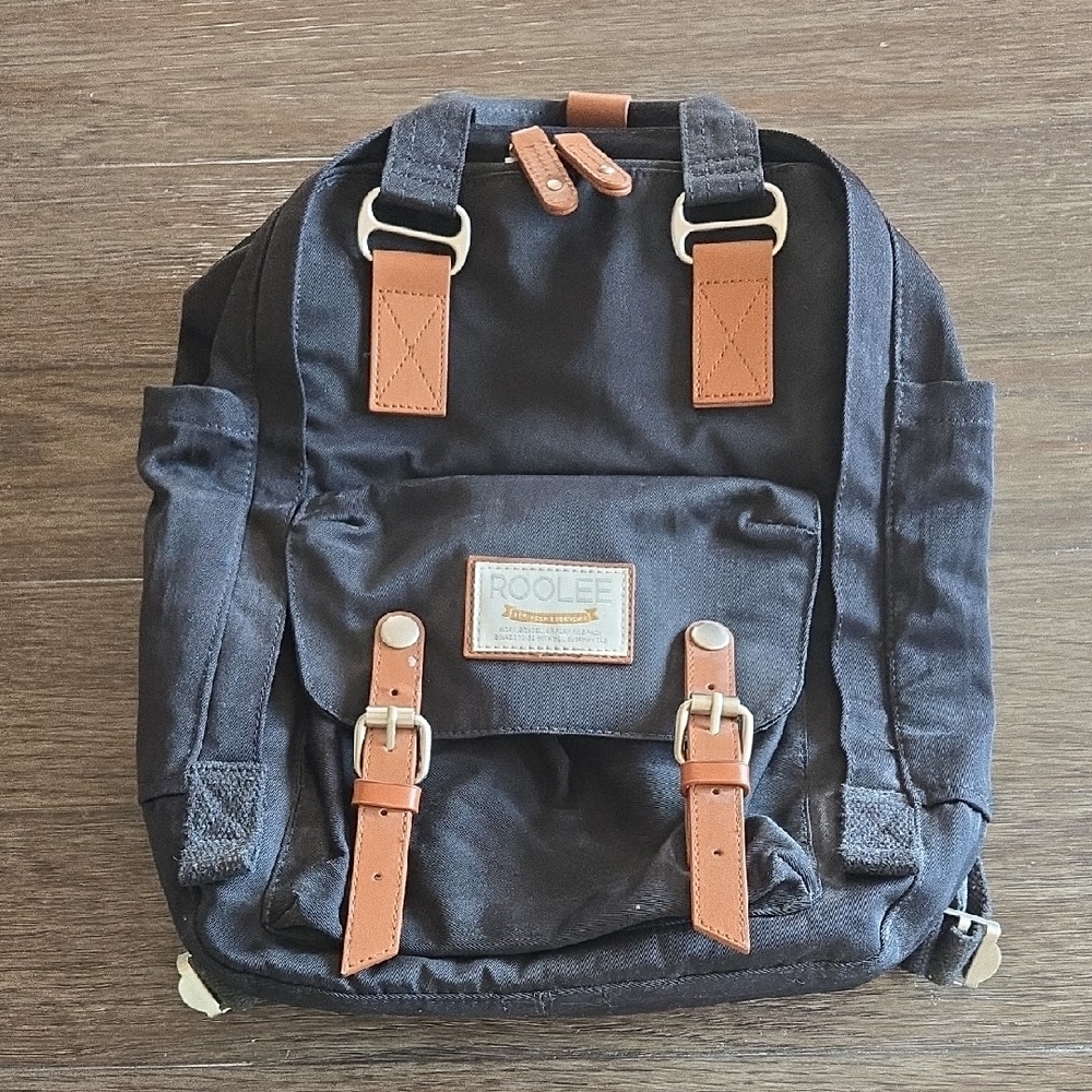Roolee Black Canvas Backpack with Tan Faux-Leather Accents